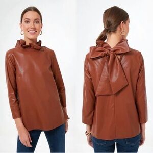 Tuckernuck Cognac Faux Leather Faye Blouse Size Medium Ruffle Neck Back Bow